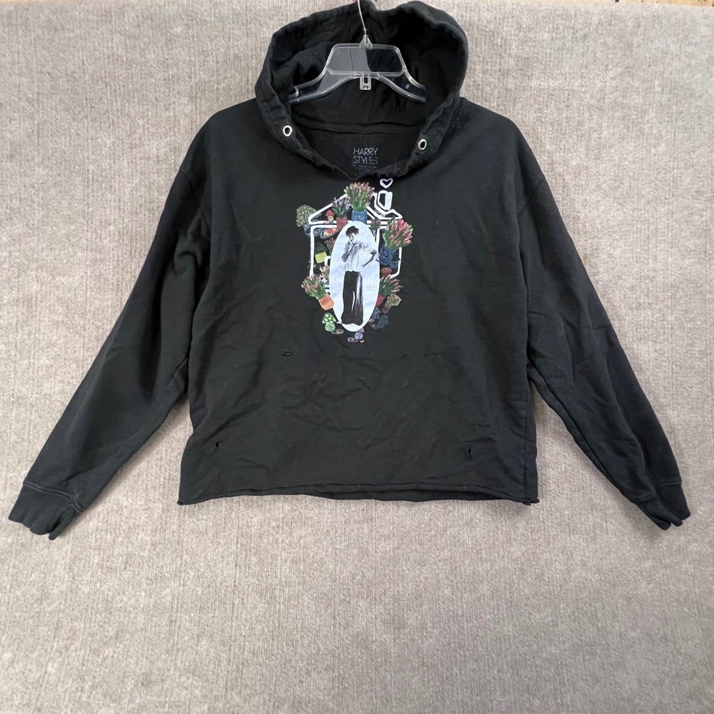 Harry Styles Hoodie Cropped Black Graphic Long Sleeve‎ Holes Distressed Pullover